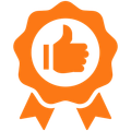 An orange ribbon with a thumbs up in the center