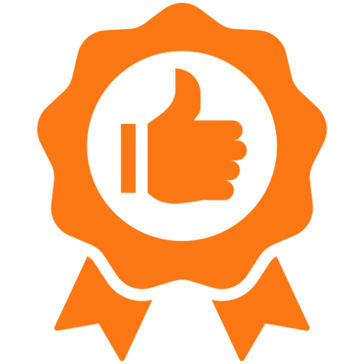 An orange ribbon with a thumbs up in the center