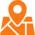 An orange map with a white pin on it