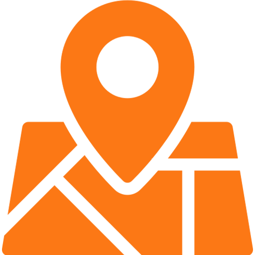 An orange map with a white pin on it