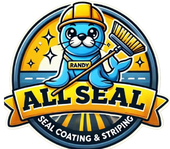 Cartoon seal wearing a hard hat, holding a broom, and the name "Randy," with "All Seal Seal Coating & Striping" text.