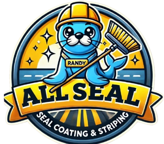 Cartoon seal wearing a hard hat, holding a broom, and the name "Randy," with "All Seal Seal Coating & Striping" text.