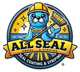 Cartoon seal in a hardhat holding a broom; logo for All Seal Seal Coating & Striping.