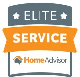 An elite service home advisor logo with an orange ribbon.