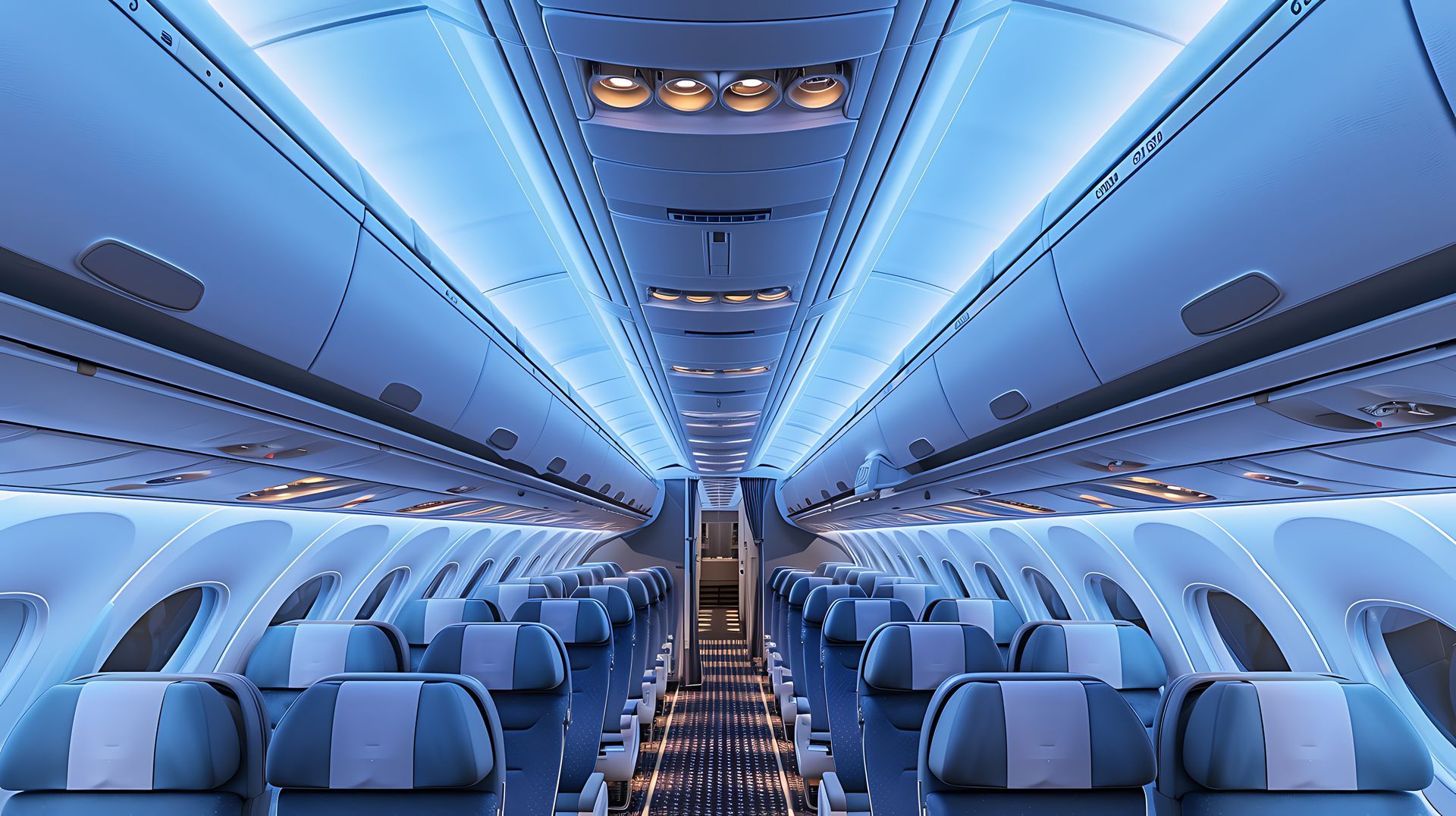 The inside of an airplane with blue lights on the ceiling.