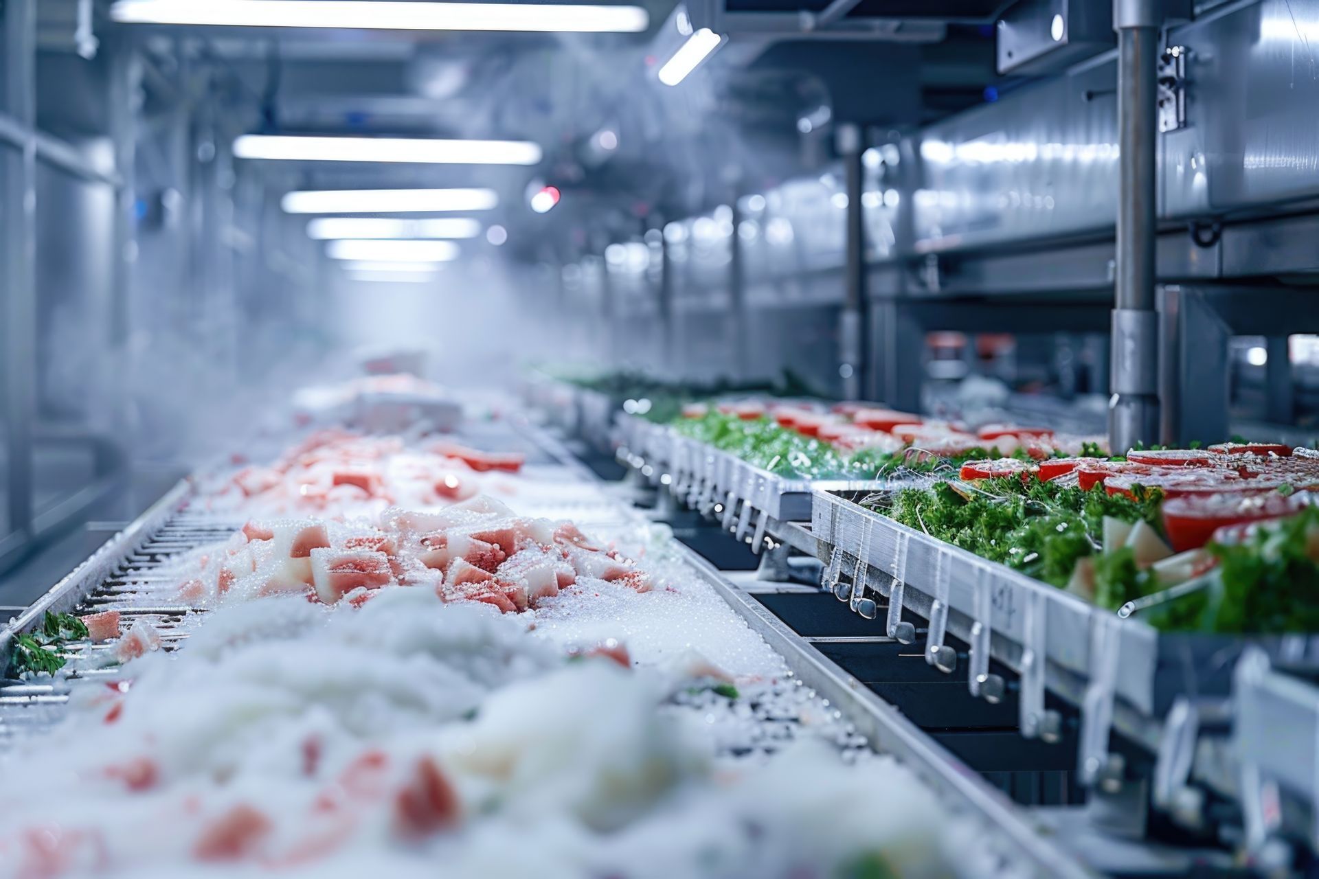 A conveyor belt filled with vegetables in a freezer.