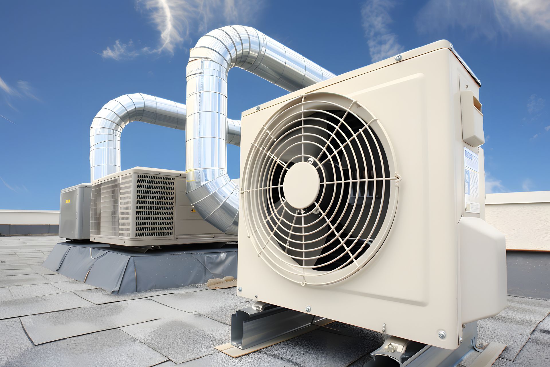 A large air conditioner is sitting on top of a roof.