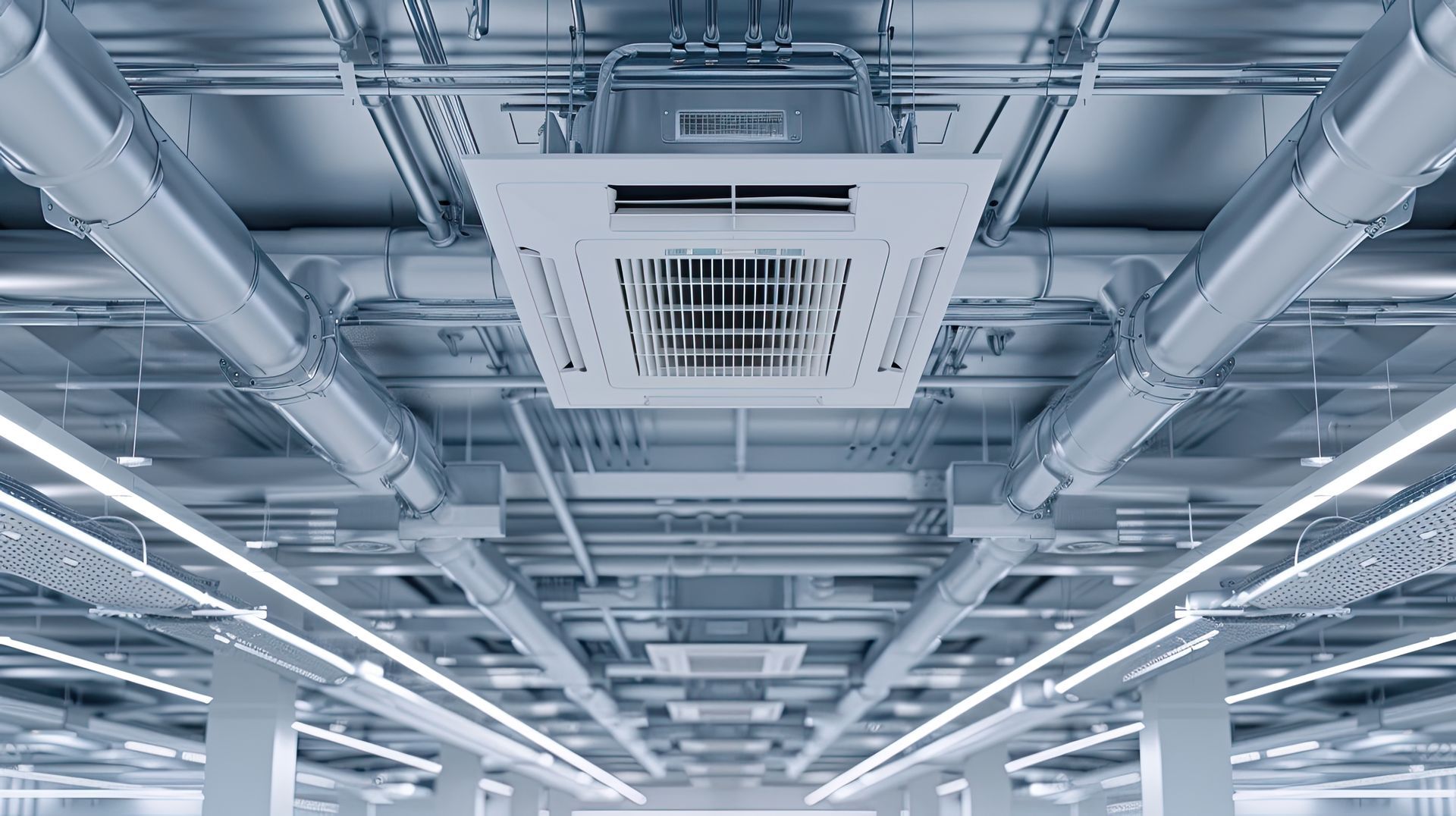 The ceiling of a building with a lot of pipes and lights.