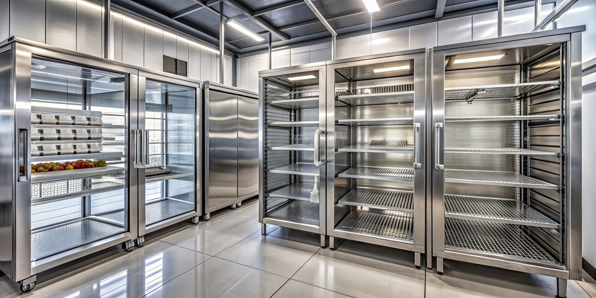 A room filled with stainless steel refrigerators and shelves.