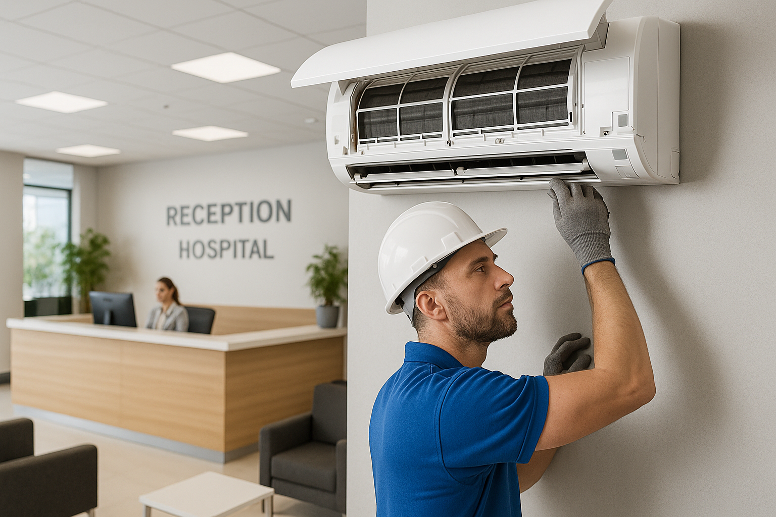 A man wearing a hard hat is working on air conditioning maintenance.