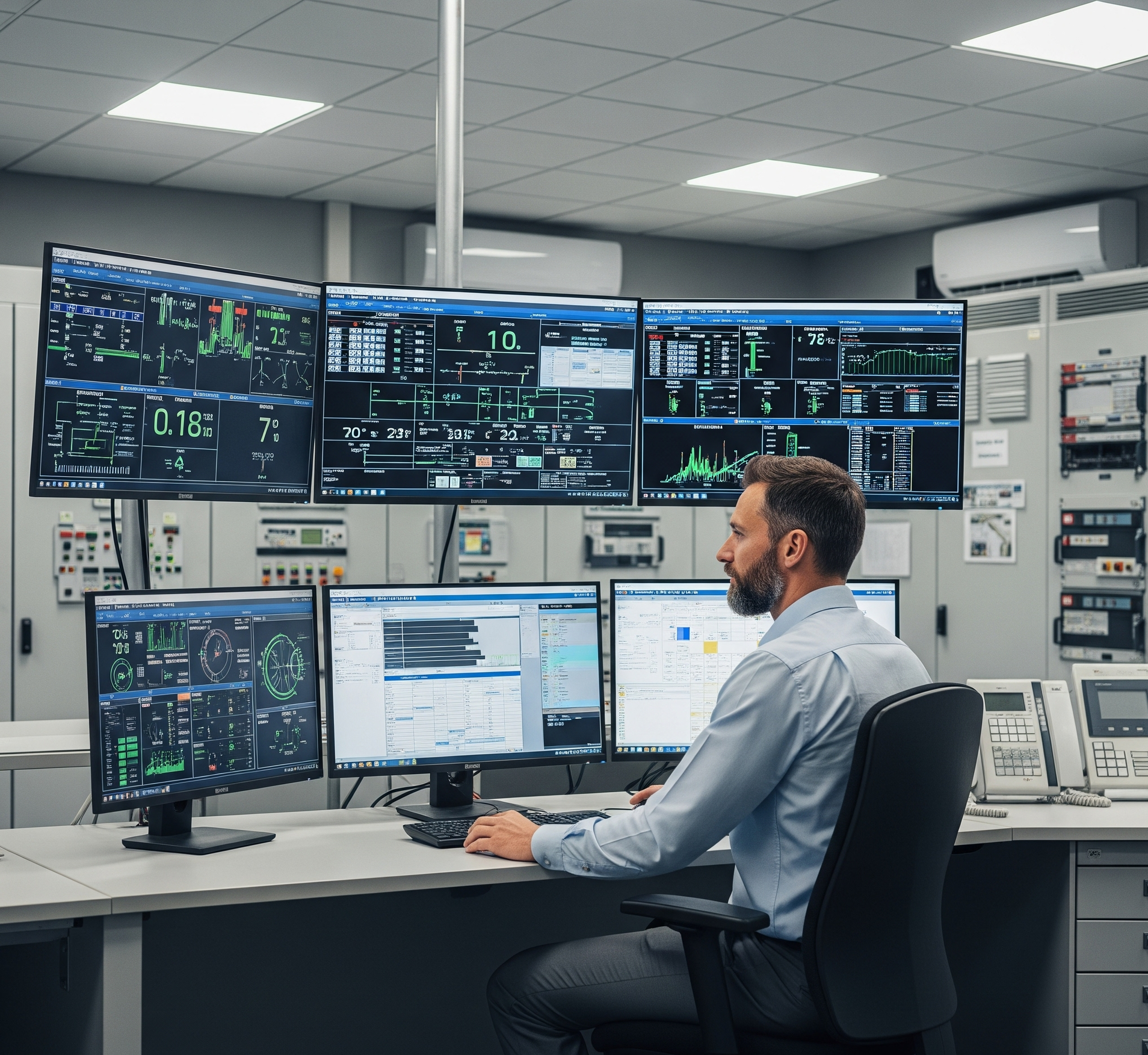 A man is sitting at a desk in front of computer monitors in a commercial air conditioning control room.