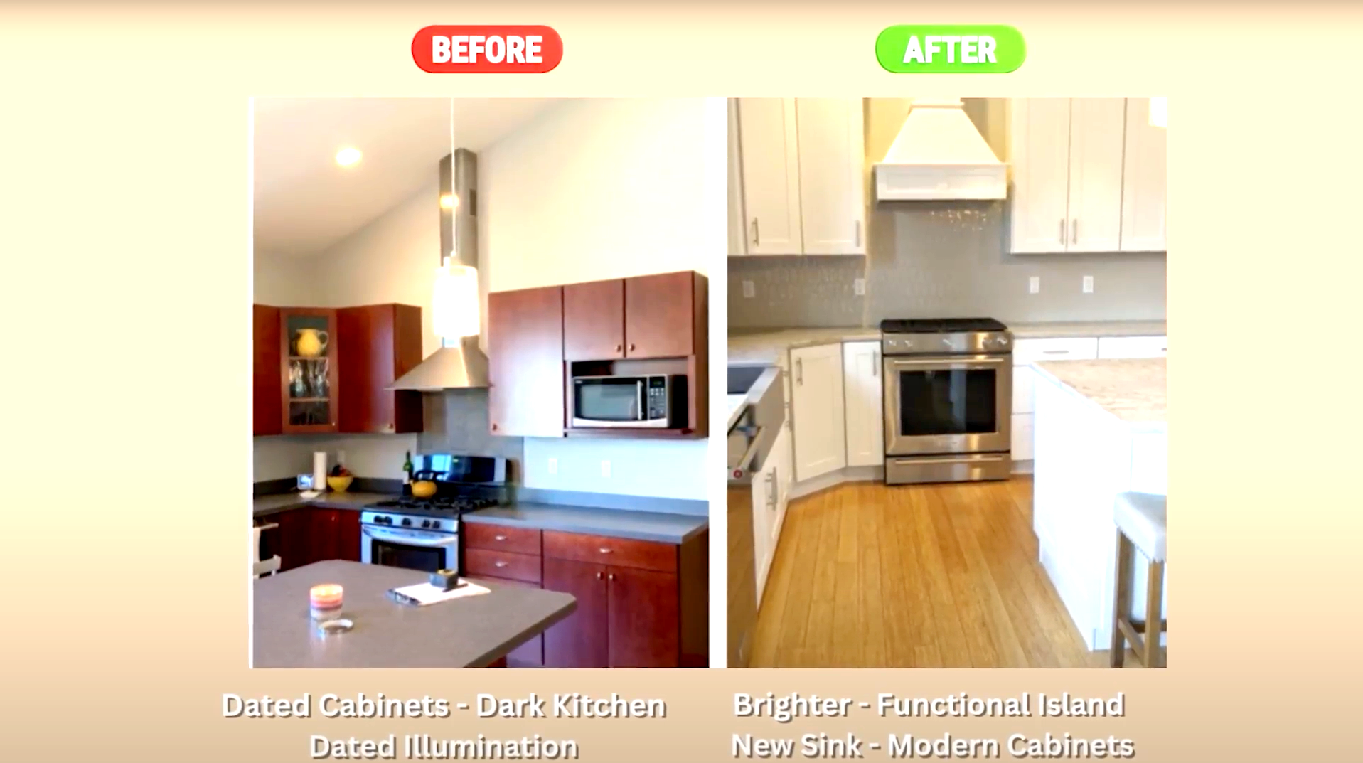 brighter, better lighting, lighter, modern cabinets