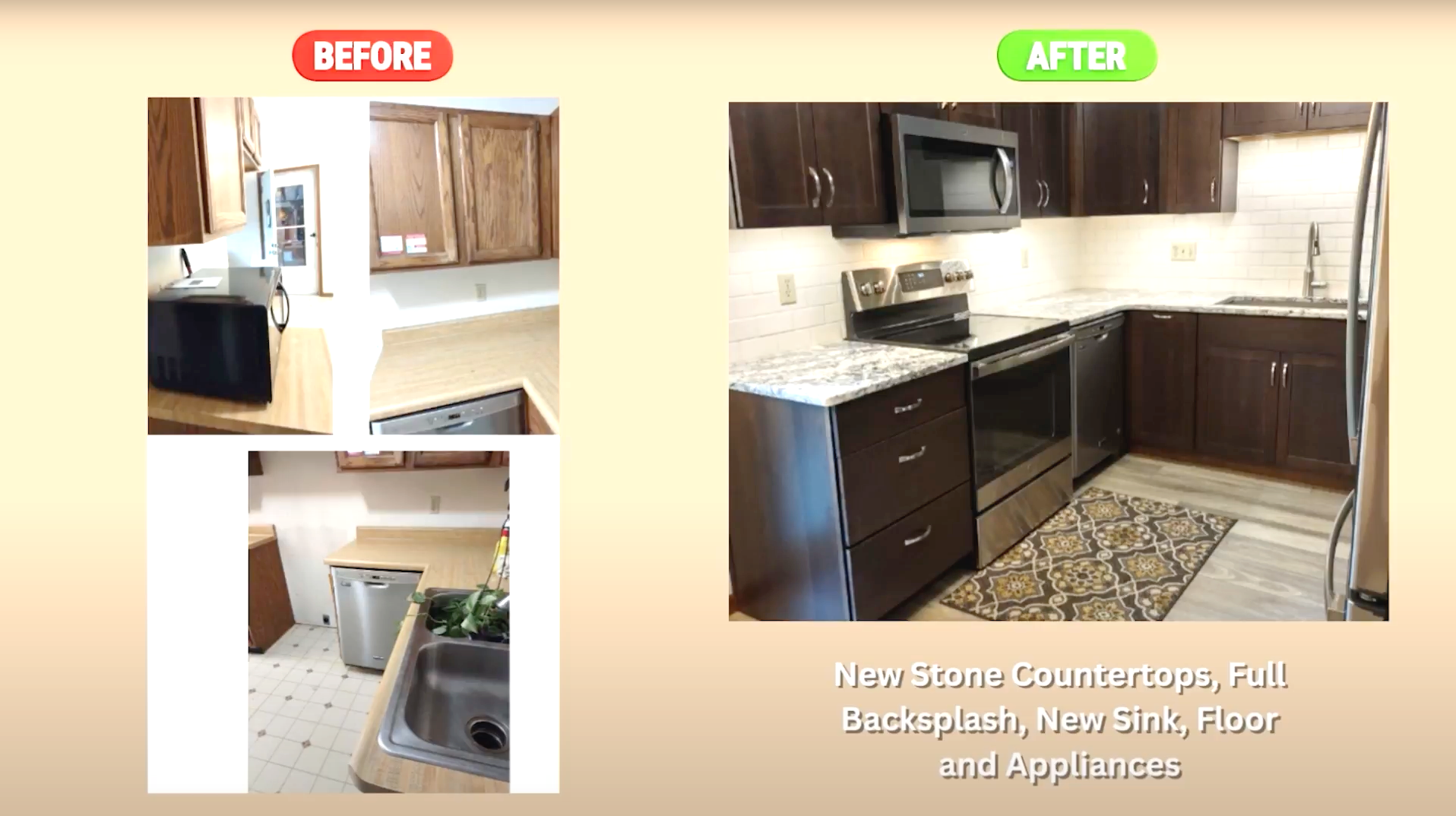 new flooring, contemporary cabinets and appliance relocation
