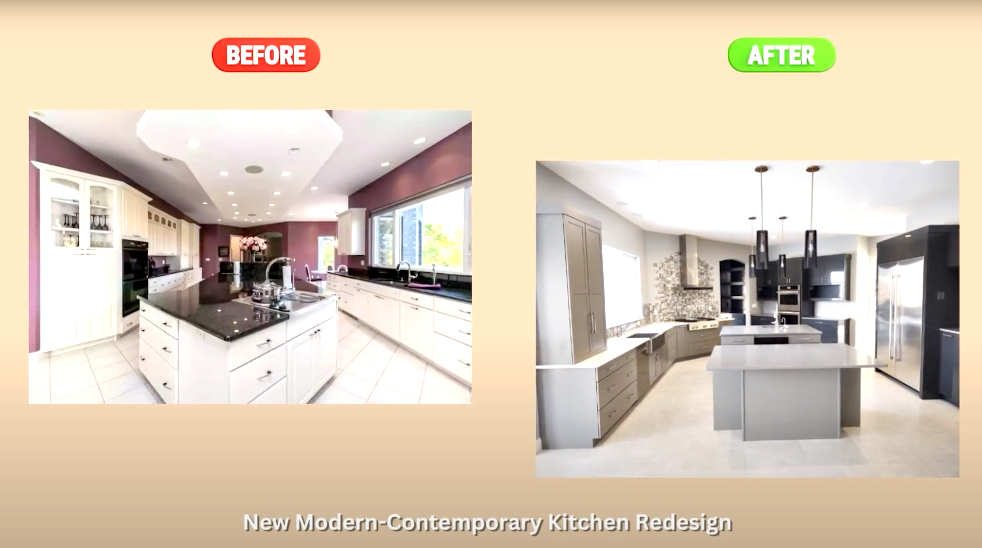 luxury spacious home kitchen transcends from dated colors, lights and design to modern contemporary
