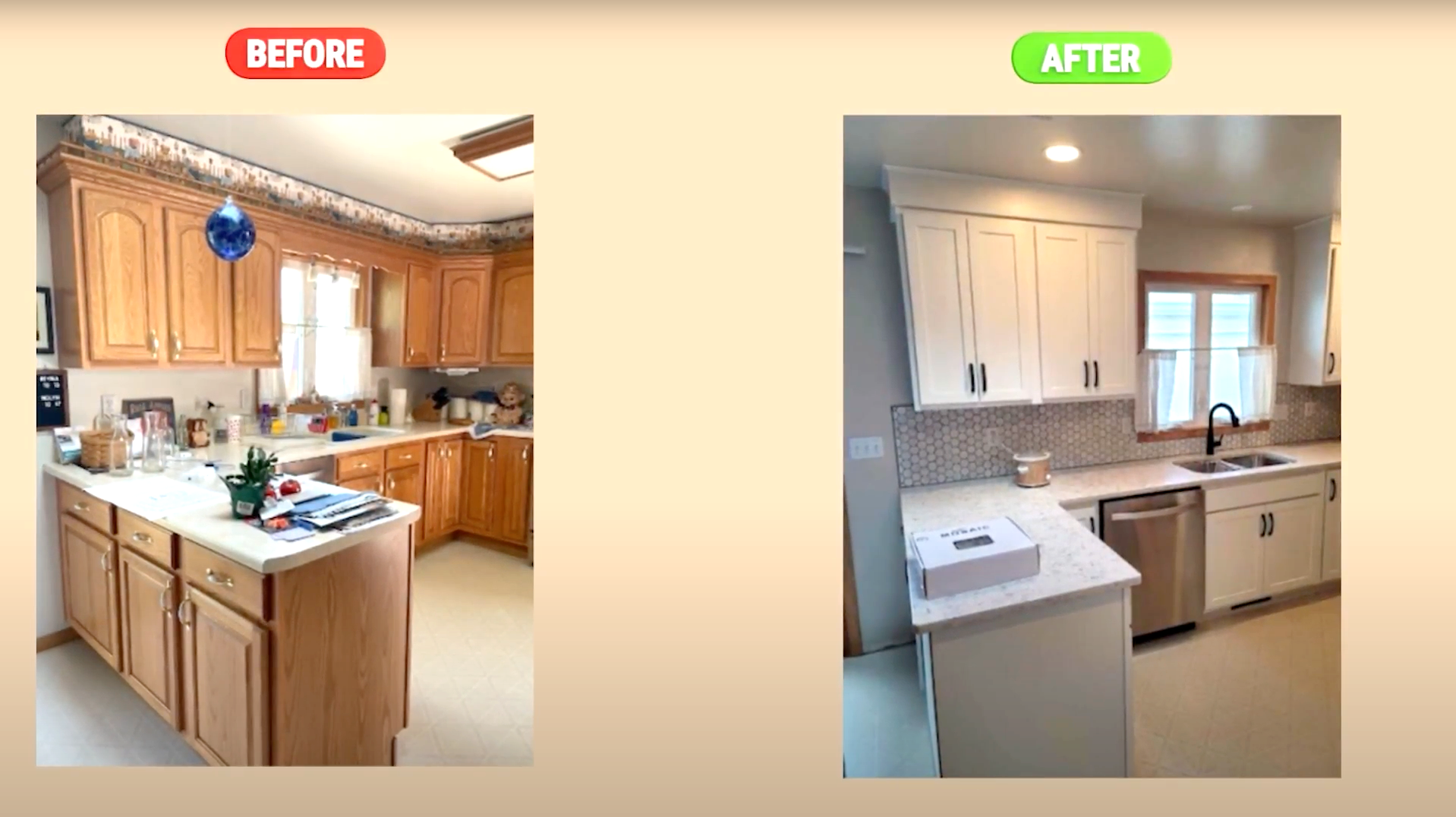 Older dark cabinets replaced with white brighter cabinets