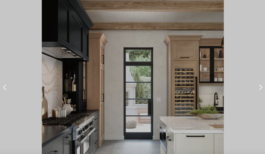 Explore Premium Custom Cabinets by Omega Cabinetry Modern, sophisticated kitchen featuring Omega Cabinetry with contrasting black, white, and natural wood finishes, marble countertops, exposed wood beams, and sleek black-framed glass door.