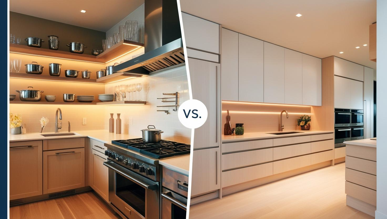 Detailed comparison guide exploring advantages & disadvantages of open shelving vs. closed cabinets