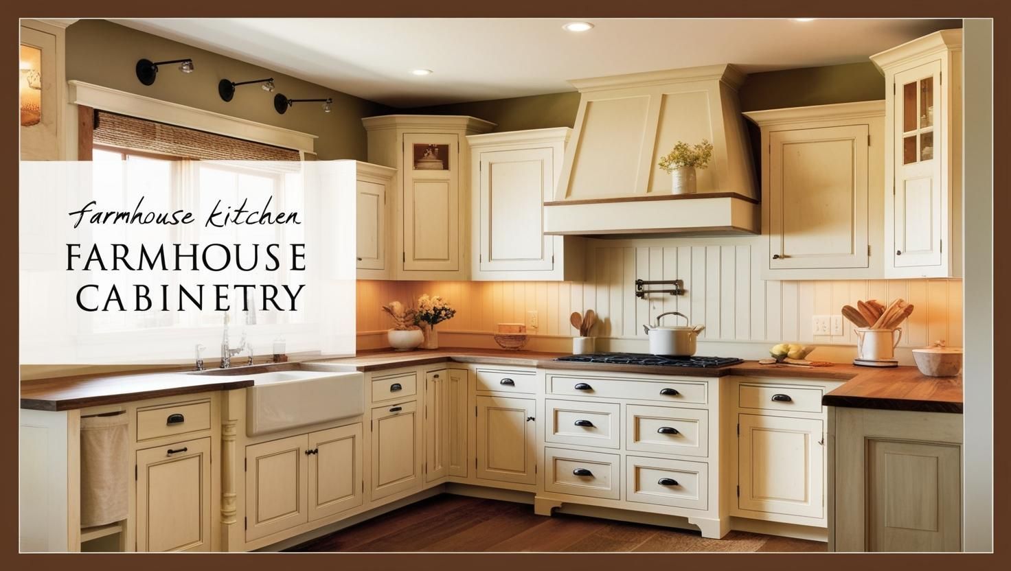 Guide explaining how to achieve farmhouse style through cabinet choices, from materials to design 
