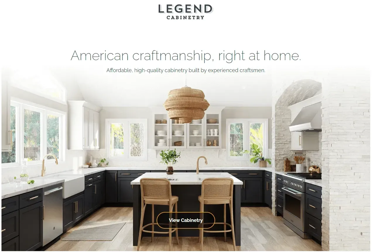 Discover Exceptional Quality with Legend Cabinetry Bright, contemporary kitchen featuring Legend Cabinetry with dark lower cabinets, white upper cabinetry, large windows, natural lighting, stylish woven pendant light, and spacious center island.