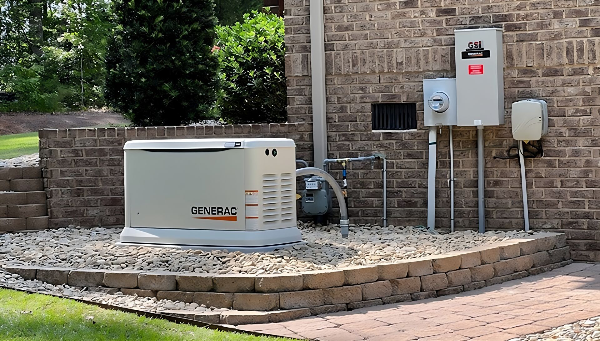 Generac® backup generator outside of a residential home in a dedicated and neat landscaped area