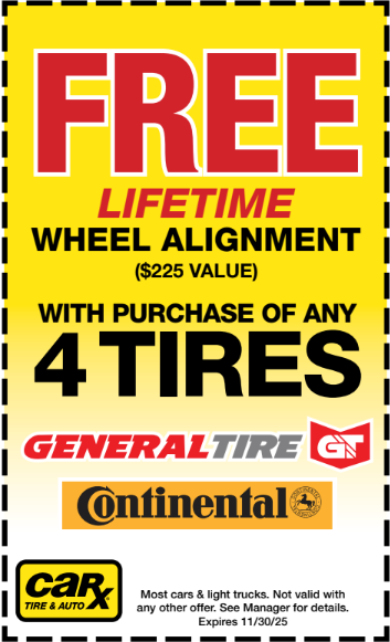 Coupon for free lifetime wheel alignment ($225 value) with purchase of 4 tires. Brands: General Tire, Continental, CarX.