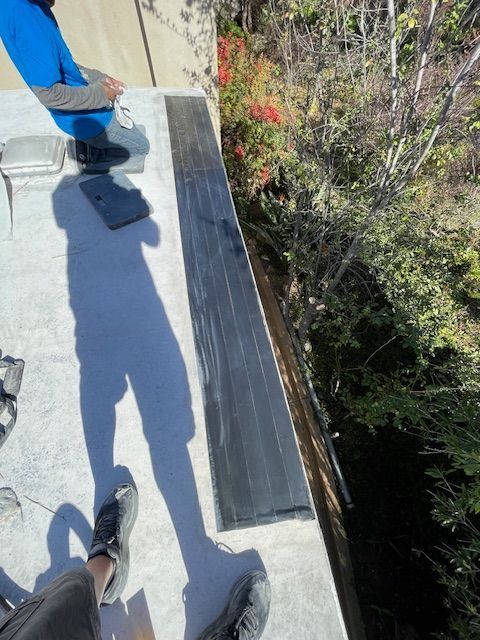 A person standing on top of a roof with trees in the background