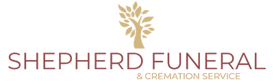 Shepherd Funeral & Cremation Service logo with gold leaf emblem and burgundy text on white background