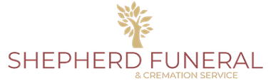 Shepherd Funeral & Cremation Service logo with gold leaf emblem and burgundy text on white background