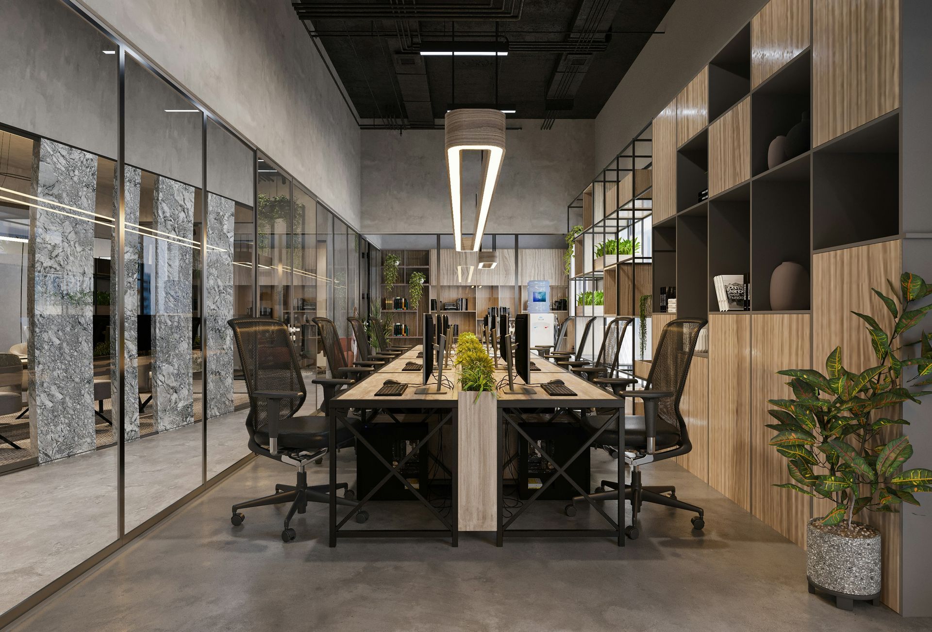 Modern office space with desks, chairs, glass walls, and wooden accents.