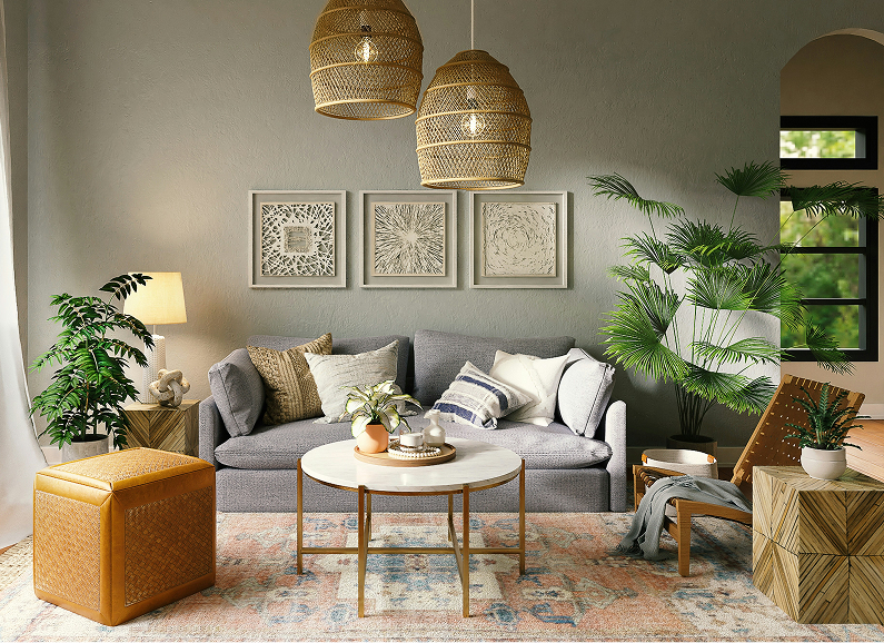 Living room with a gray sofa, wood accents, and decorative artwork.
