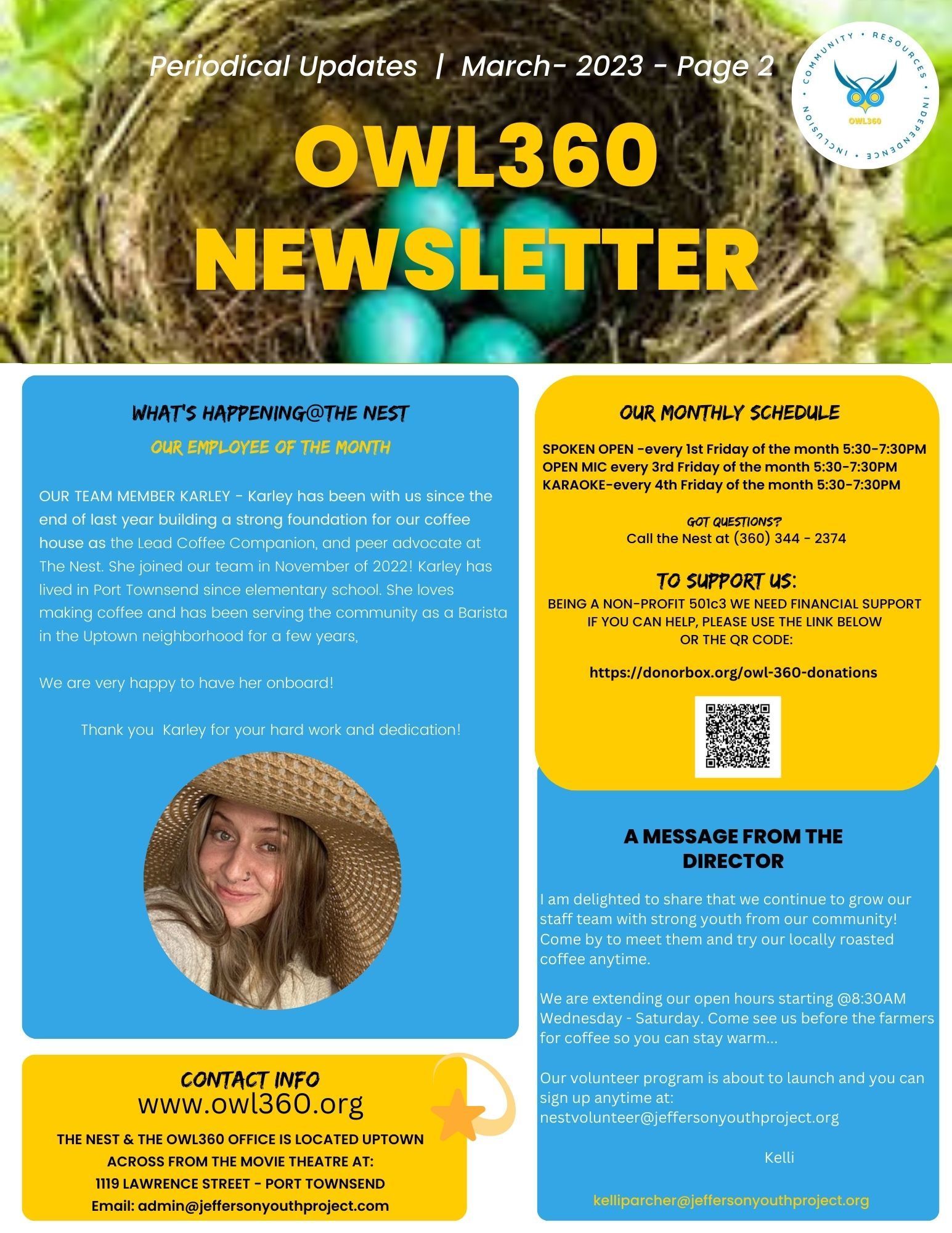 a woman in a straw hat is on the cover of an owl 360 newsletter .