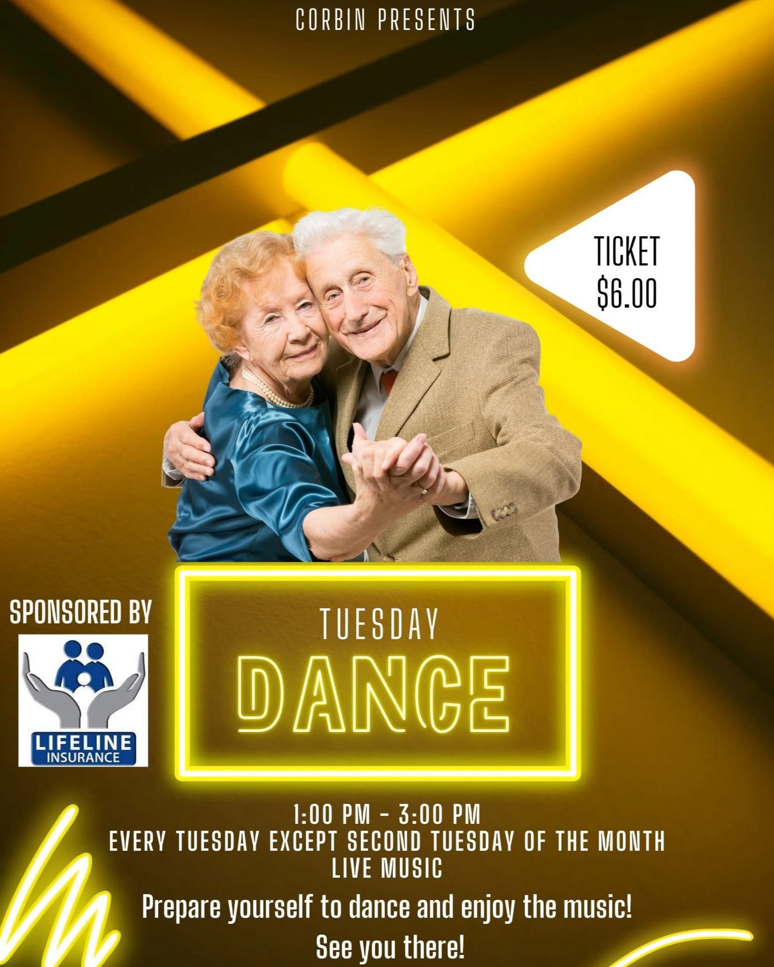 Poster for a Tuesday dance event. Elderly couple dancing; neon yellow text/background; $6 ticket price.