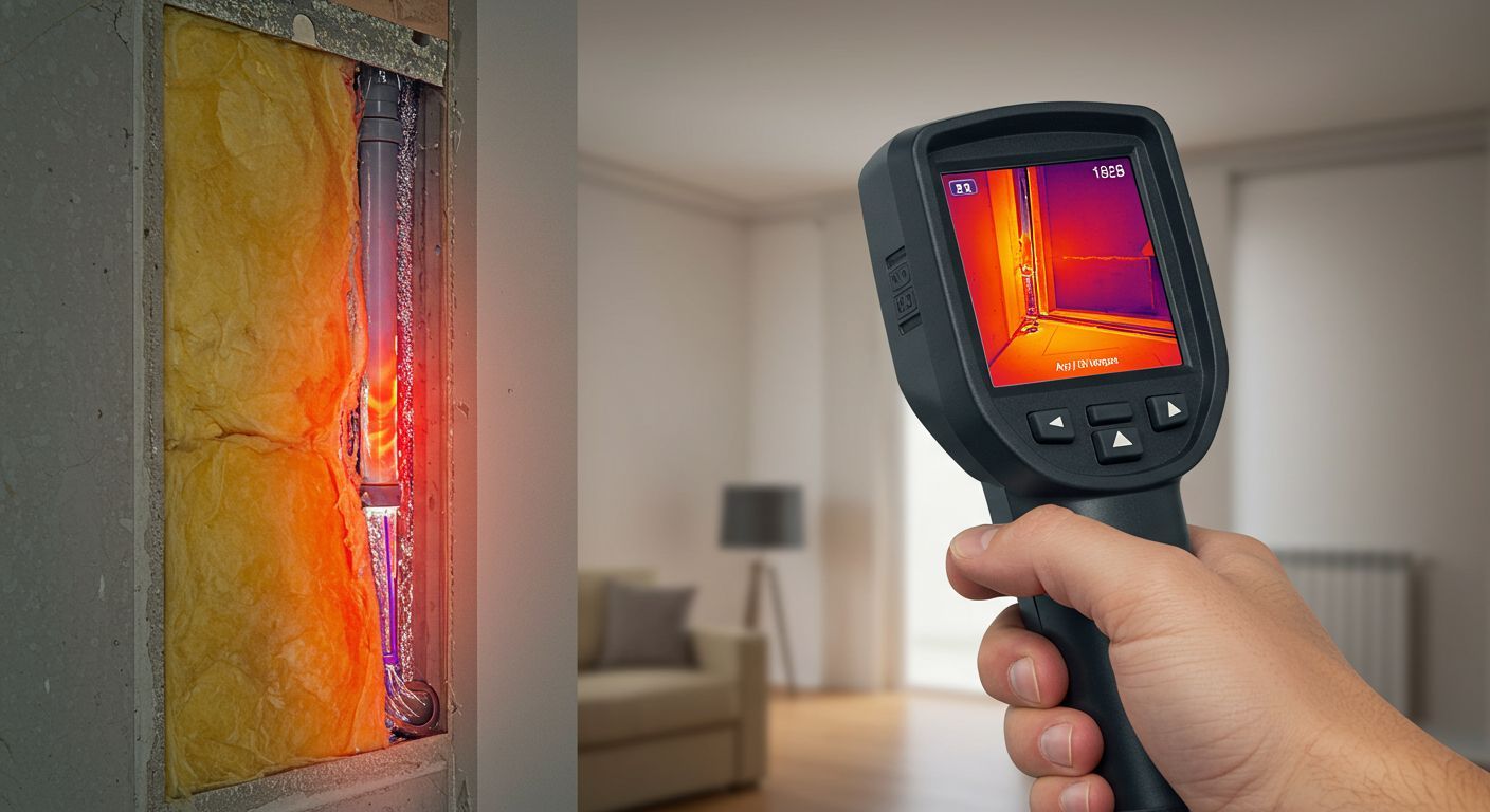 A person is holding a thermal camera in their hand in a living room.