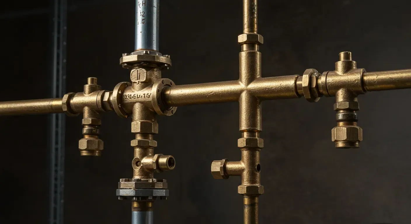 A close up of a brass pipe with valves attached to it.