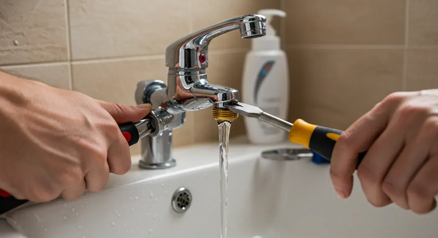 Plumber using tools to repair a leaking bathroom tap