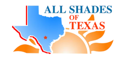 A logo for All Shades of Texas with a map of texas