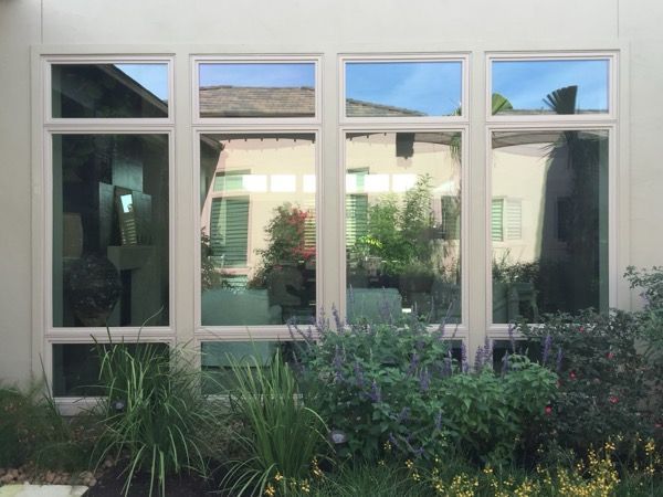 A house with a lot of windows and plants in front of it.