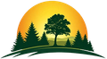 Green trees in silhouette against a yellow sun and rolling hills.
