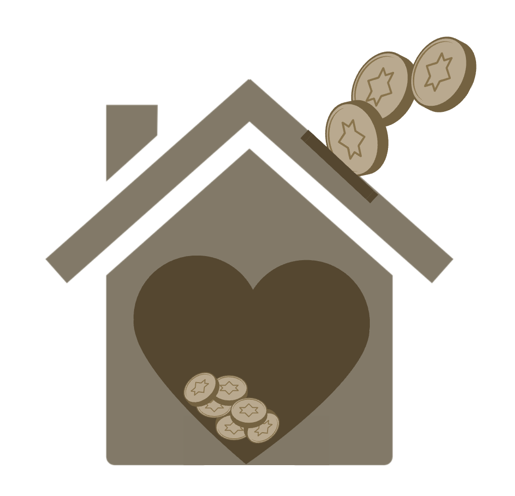 Bank in de vorm van een huis met een hartvormige opening. Munten worden in de gleuf op het dak gestort.