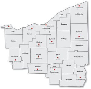 Map of northeastern Ohio counties, with county names and labeled major cities in red.