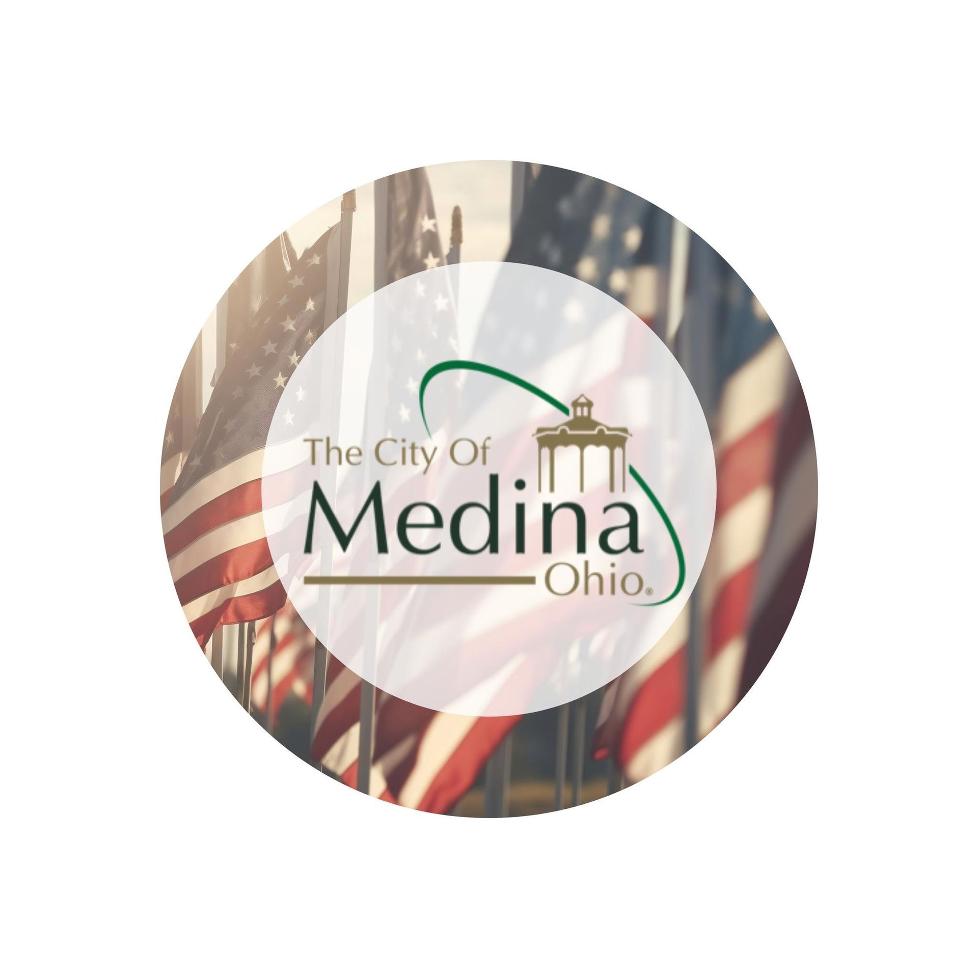 Medina, Ohio, city logo with building illustration and American flags in background.