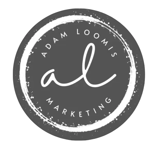 Dark gray circle logo with white text. 