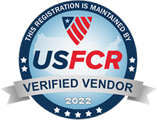 USFCR Verified Vendor badge, 2022. Blue, white, and red with stars and a ribbon, US map in background.
