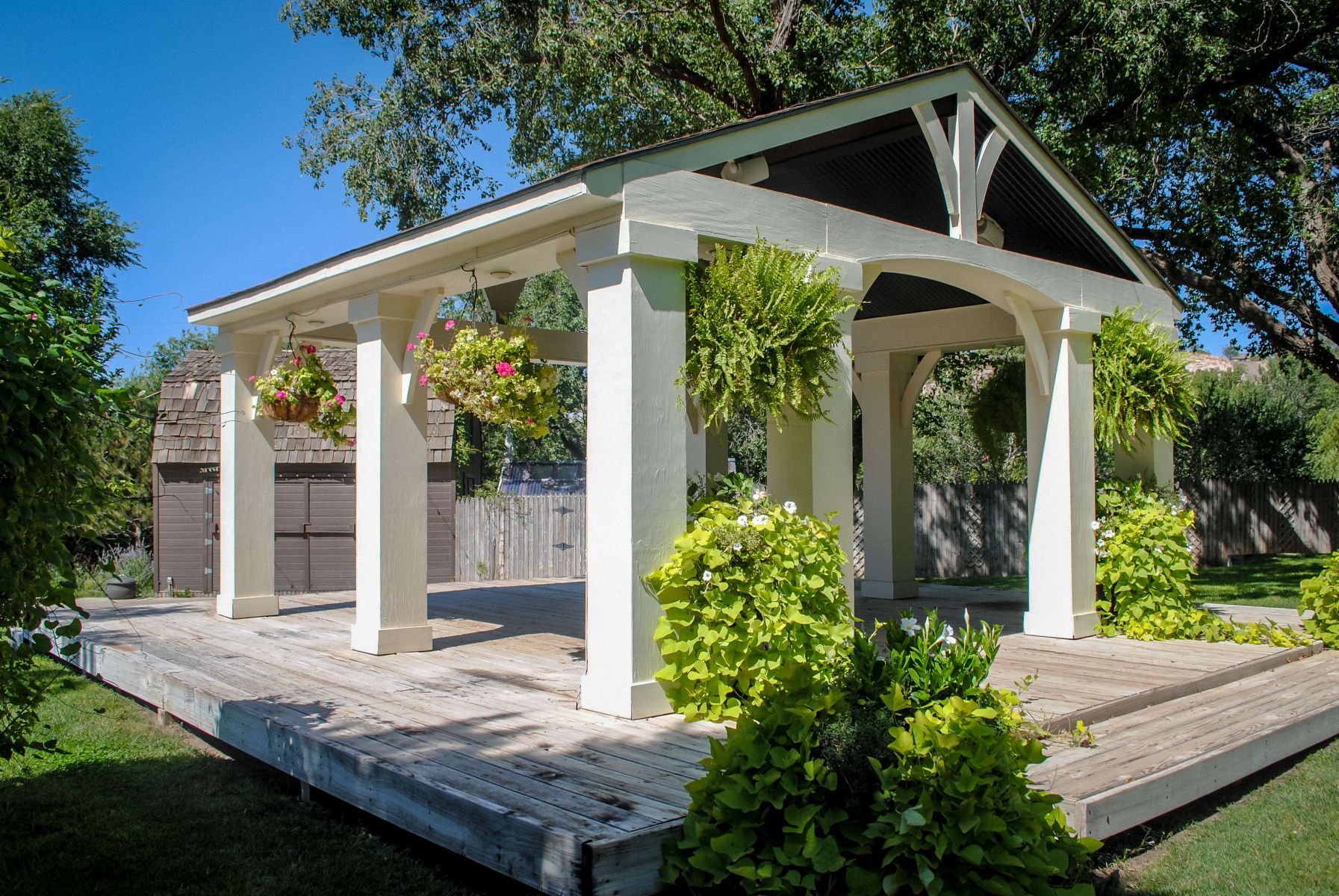 A white gazebo with a black roof is surrounded by plants and trees.