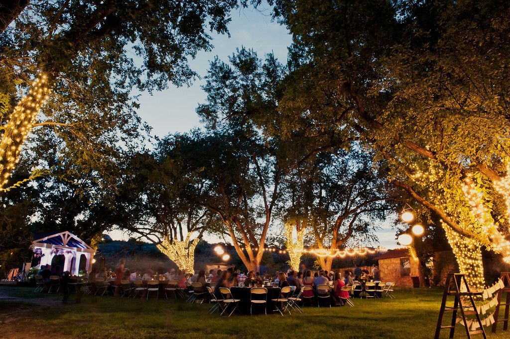 A group of people are sitting at tables under trees in a park at night.