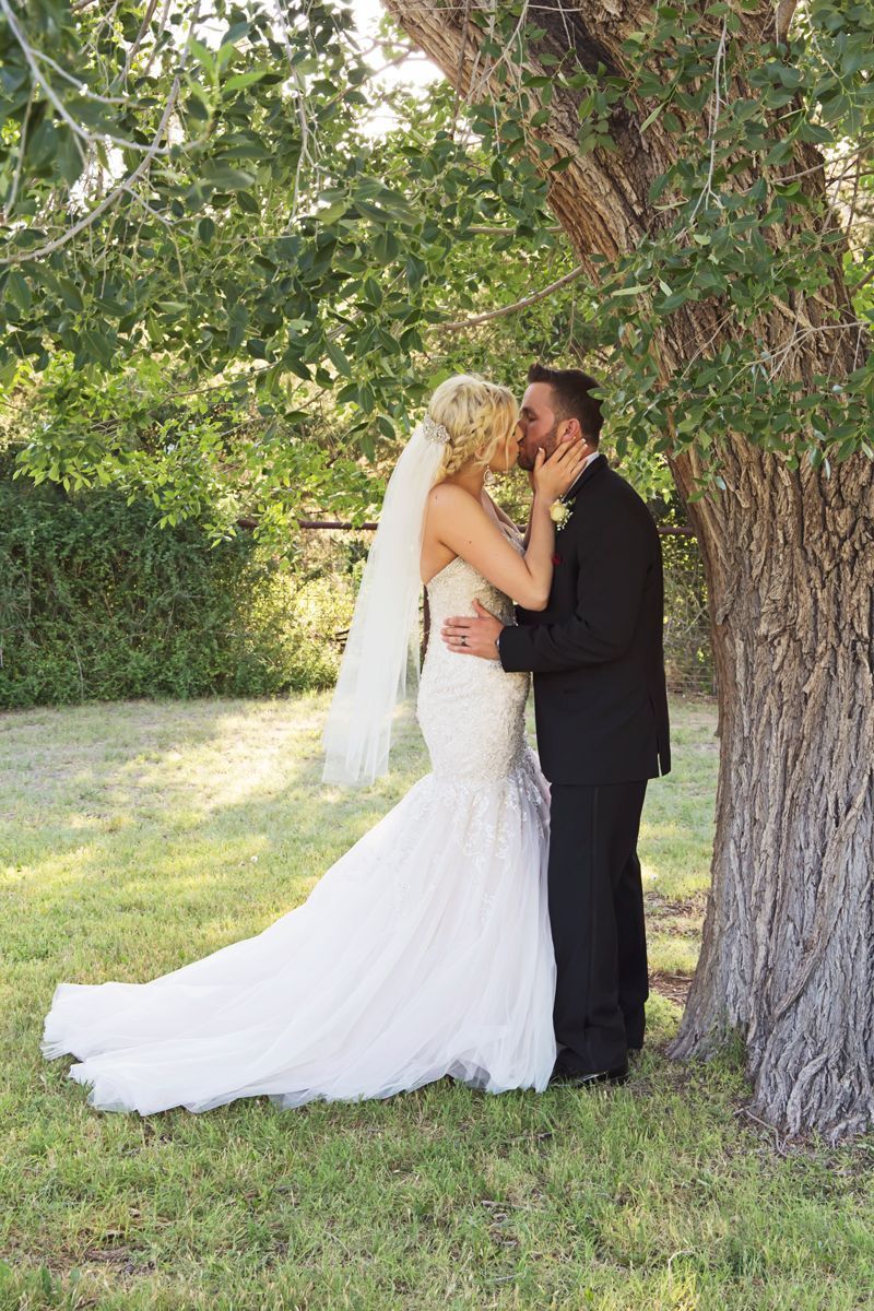A bride and groom are kissing under a tree.