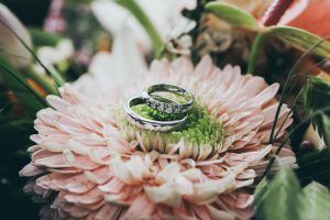 Two wedding rings are sitting on top of a pink flower.