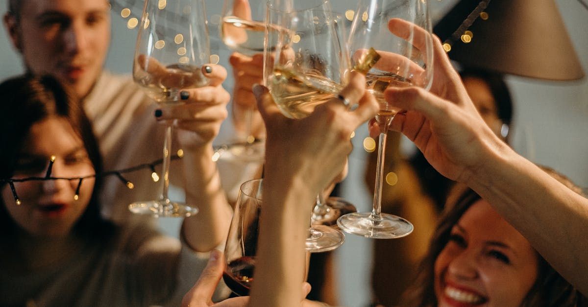 A group of people are toasting with wine glasses at a party.