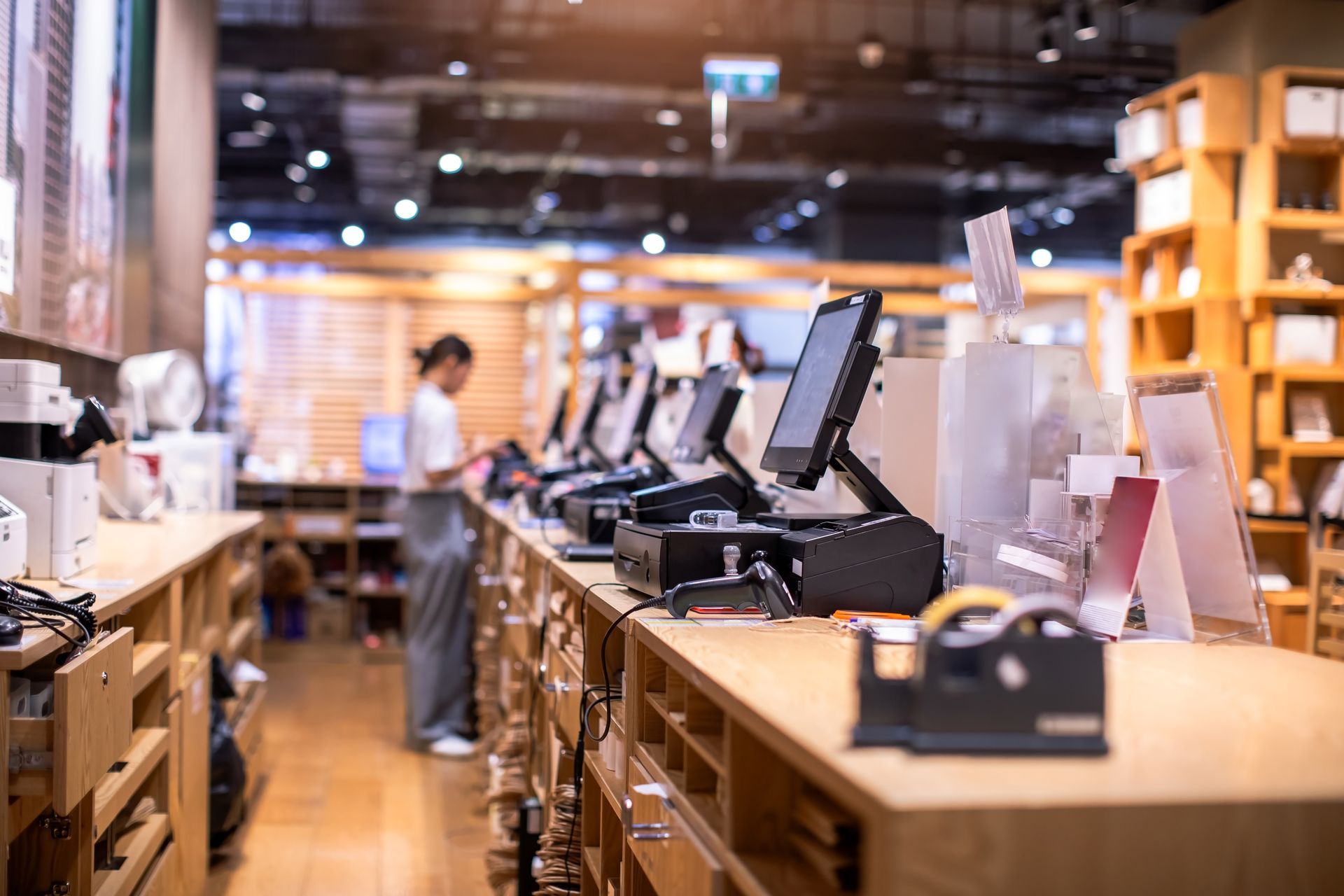 Cash registers and a person behind a store counter. Beige and brown tones; indoor setting.