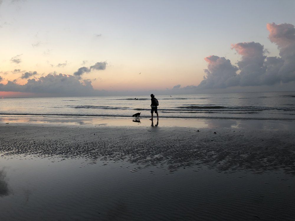 A person walking a dog on a beach at sunset